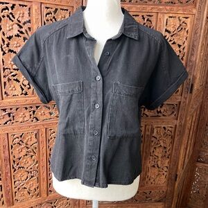 Boxy Cropped Washed Black Short-Sleeve Button Front Women’s Top